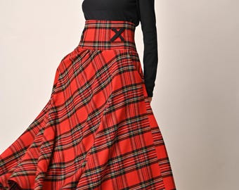 Jupe longue en laine tartan avec poches, Jupe d'hiver taille haute avec doublure, Jupe trapèze chaude à carreaux pour femme, Jupe d'hiver en laine pour femme