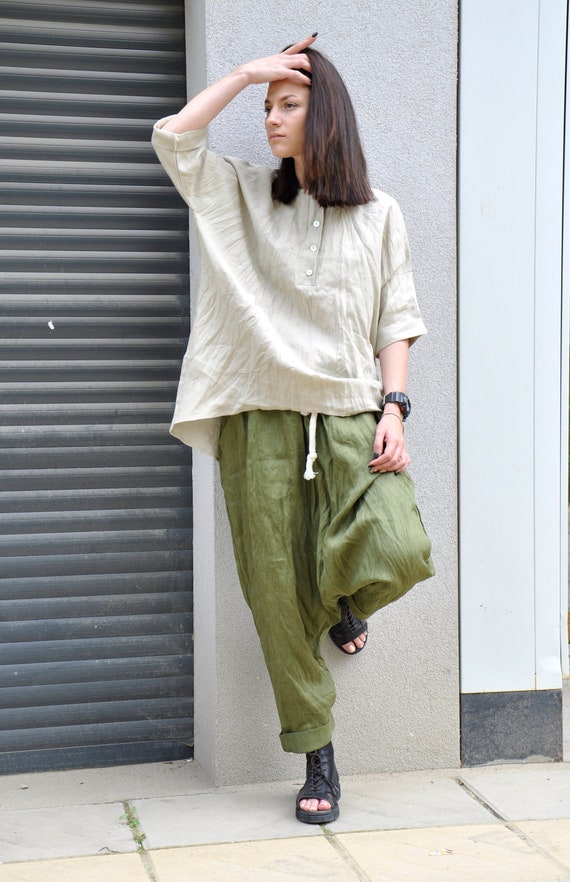 Linen Baggy Outfit, 2-Piece Summer Costume, Pantset for Women, Military Green Harem Pants, Beige Tunic Top