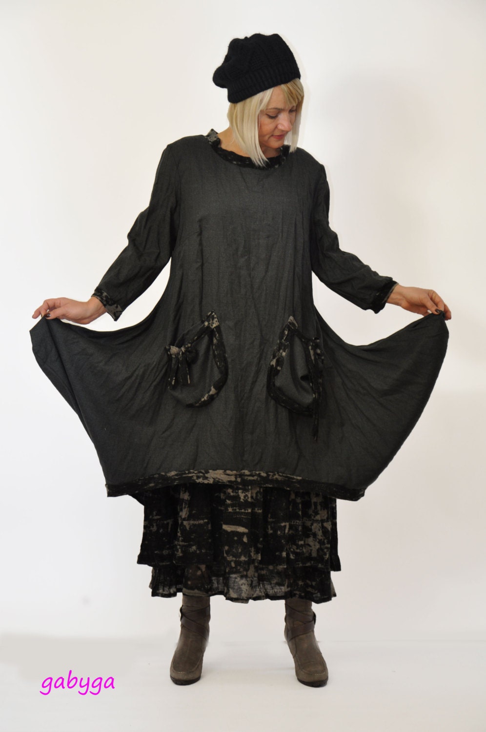 Black wool casual dress/Plus size wool dress/Woman winter Etsy