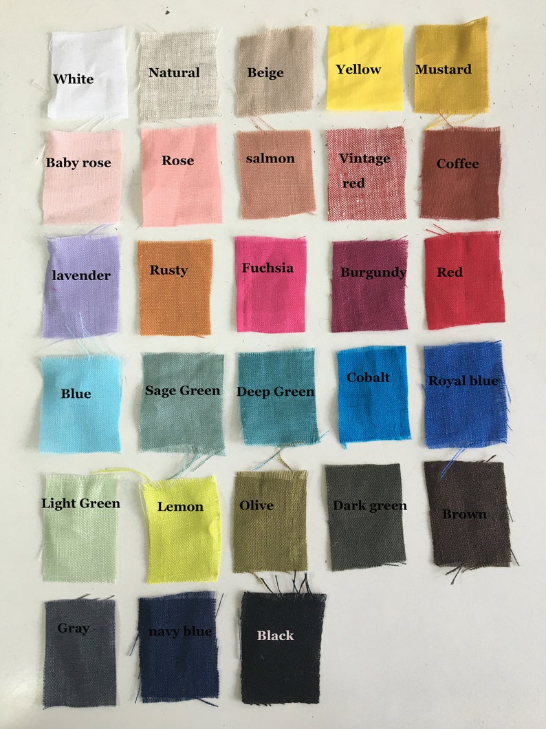 K&ouml;nnte beinhalten: Eine Farbkarte mit Stoffmustern und Namen f&uuml;r jede Farbe, darunter Wei&szlig;, Natur, Beige, Gelb, Senf, Babyrosa, Rosa, Lachs, Vintage Rot, Kaffee, Lavendel, Rost, Fuchsia, Burgunder, Rot, Blau, Salbei Gr&uuml;n, Dunkelgr&uuml;n, Kobalt, K&ouml;nigsblau, Hellgr&uuml;n, Zitrone, Oliv, Dunkelgr&uuml;n, Braun, Grau, Marineblau und Schwarz.