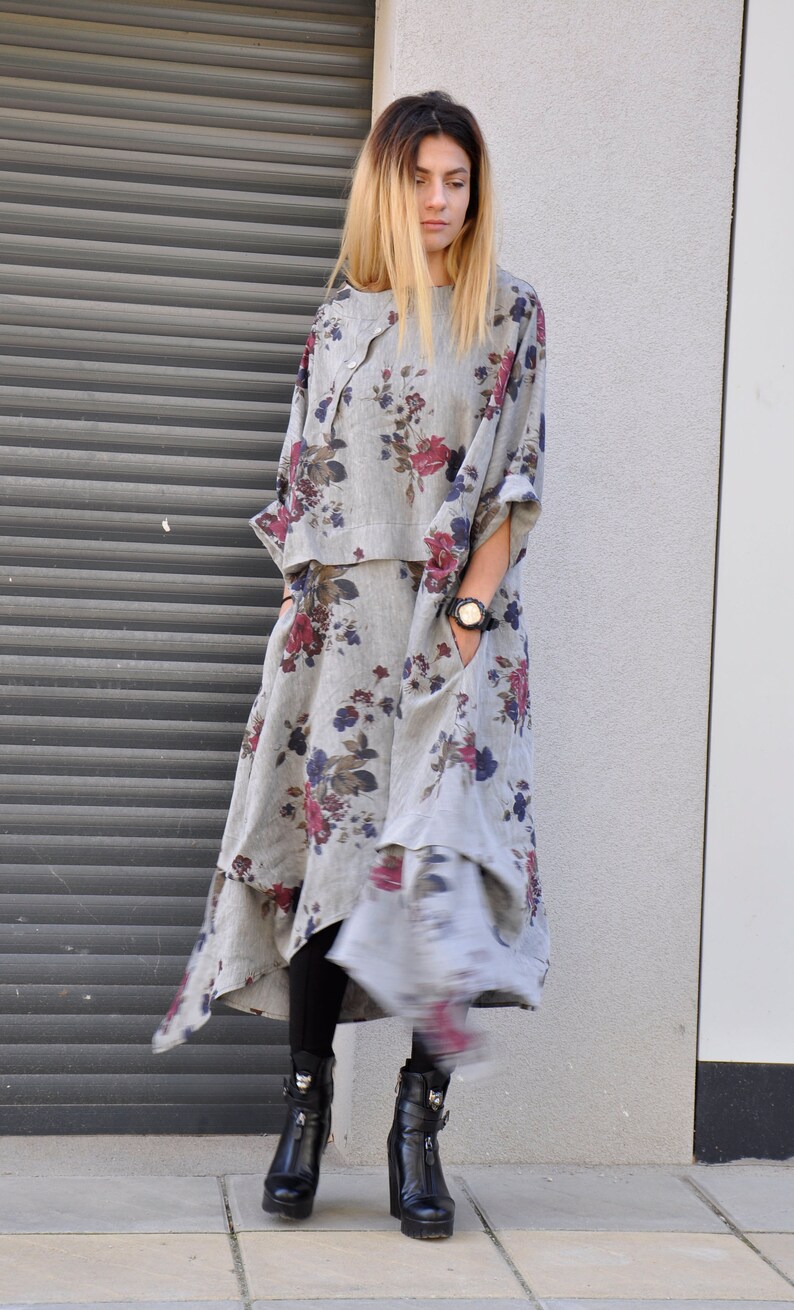 NEW autumn Floral DressMaxi Linen DressHandmade dressPlus Size Asymmetric DressDress with PocketsLinen caftanWoman Party dressD1887