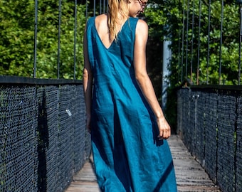 Boho Wedding Guest Dress, Teal 100% Linen Maxi with Pockets