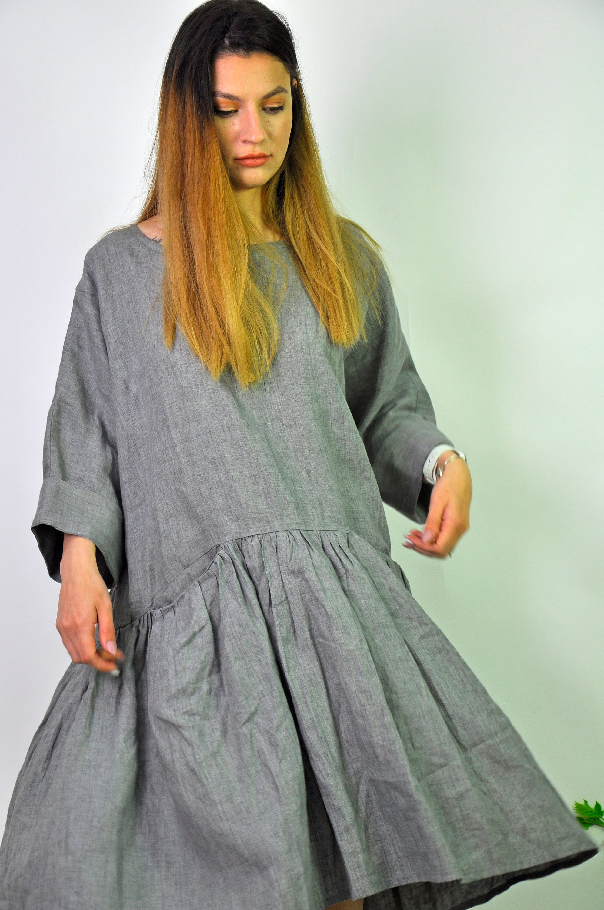 ワンピース LIGHT GREY LINEN MIDI DRESS Linen Dress, Grey Linen Maxi Dress, Women's Casual Dress