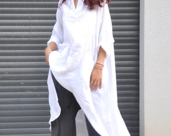White Asymmetrical Linen Shirt with Hood,  Long Linen Tunic, Boho Linen Top, Loose Fit Hoodie Blousе, Natural Fabric Clothing, Gift for Her