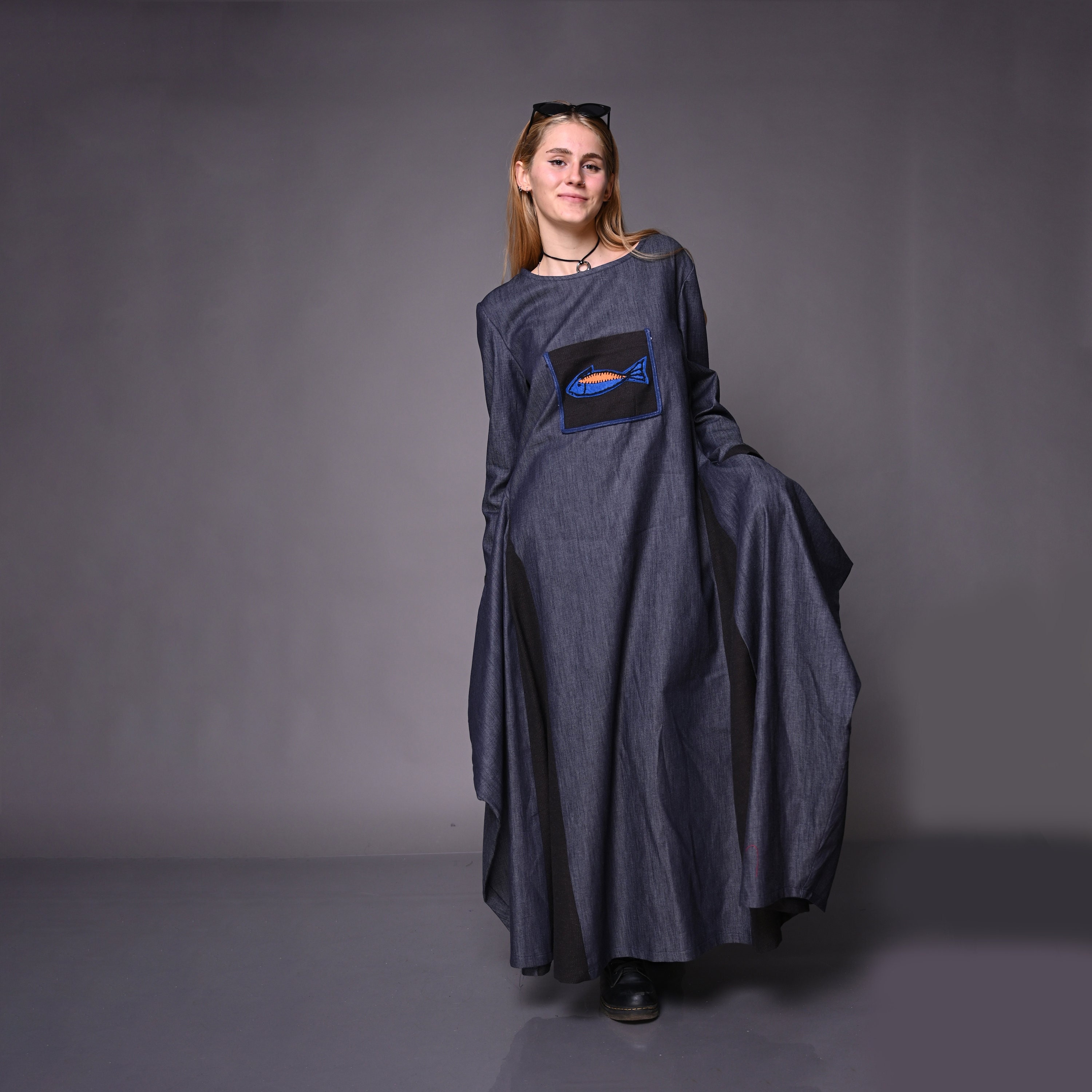 Denim Dress For Women, Long Sleeves, Plus Size Kaftan, Handmade Art Clothing, Abaya