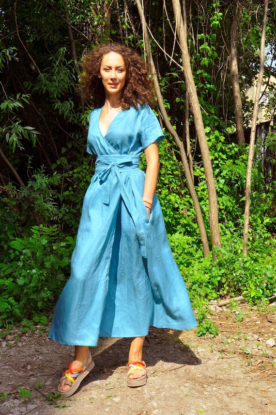Robe Bohme Chic Robes Longues En Lin Made In Italy Heavy Linen Maxi Dress,  Long Sleeve