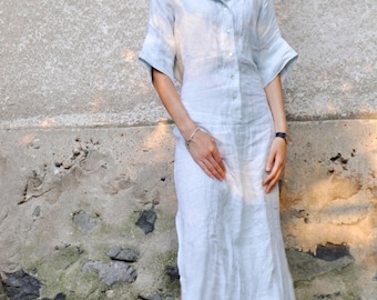 Light Blue Linen Shirt Dress, Classic Maxi with Pockets and Relaxed Fit