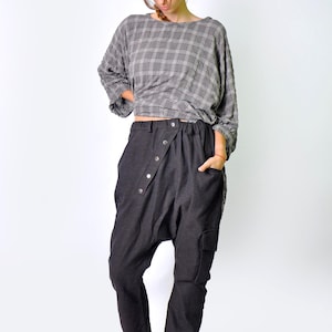 Dark Brown Wool Linen Pants with Drop Crotch, Cozy Fall Winter Pants, Elastic Waist and Asymmetric Closure, Urban Pants, Drop Crotch Pants
