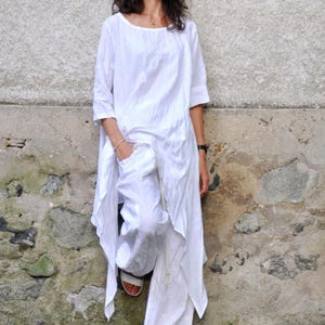 Boho Linen Set, White Asymmetrical Tunic and Relaxed Pants for Summer image 9