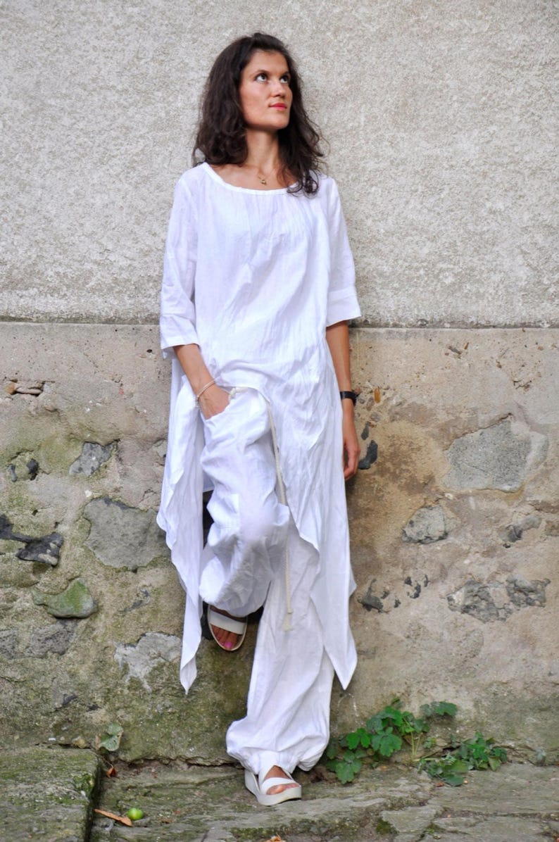 Boho Linen Set, White Asymmetrical Tunic and Relaxed Pants for Summer image 9