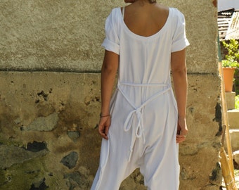 Harem Jumpsuit Women, White Jumpsuit, Yoga Jumpsuit, Cotton Jumpsuit, Drop Crotch Overall, Wide Leg Jumpsuit, Overall Women, Plus Size