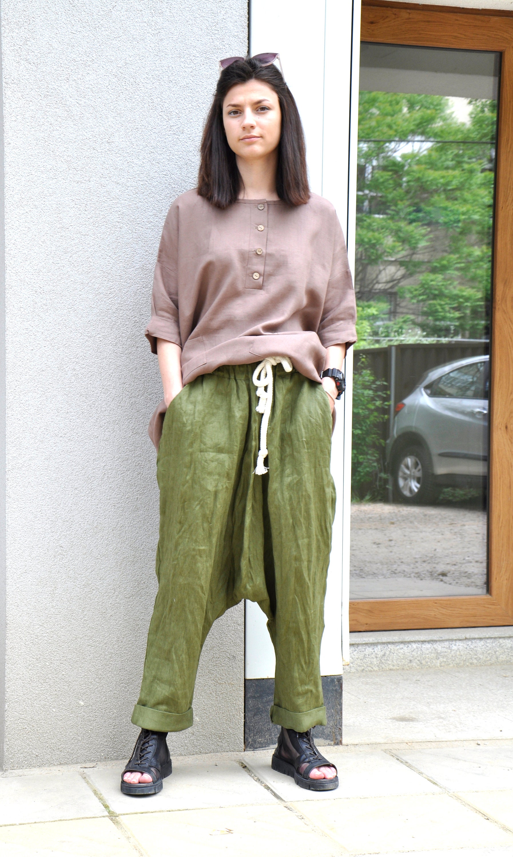 Linen Harem Pants Military Green Pants Linen Clothing Army Etsy