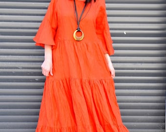 Orange Linen Maxi Dress, Boho Romantic Flowing Gown, Plus Size Summer Clothing