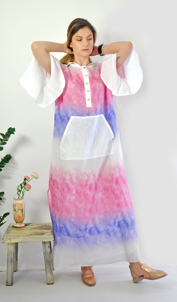 Linen Hooded Dress Ombre Dress Tie Dye Linen Dress Linen Etsy