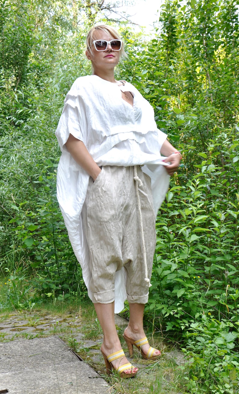 Organic Linen Outfit, Flowy Top and Harem Pants, Plus Size Summer Set image 5