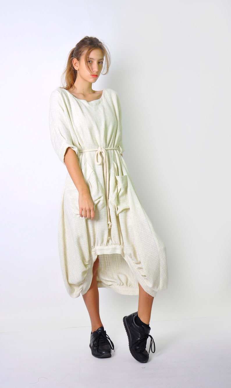 Robe ample en lin ivoire, robe longue avec poches, robe douce de style minimaliste pour femme, robe de soirée en lin, robe grande taille, vêtements en lin image 5