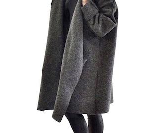 Gray 100% Wool Coat With Hood, Belted Below-Knee Winter Outerwear