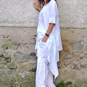 Boho Linen Set, White Asymmetrical Tunic and Relaxed Pants for Summer image 7