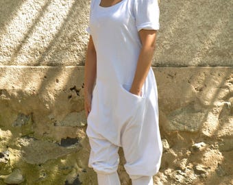White Harem Jumpsuit Women, Oversized Cotton Romper, Plus Size Boho, Casual Summer Outfit