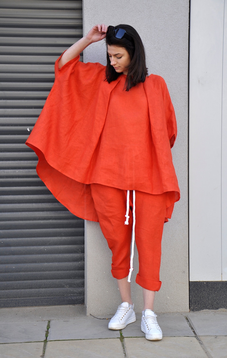 Batwing Sleeves Linen Tunic, Plus Size Linen Clothing, Kaftan Blouse Top, Oversize Linen Tunic, Summer Tunic Top Women, Orange Tunic image 7