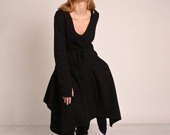 Designer Black Hooded Quilted Coat, Asymmetric Cotton Jacket with Pockets