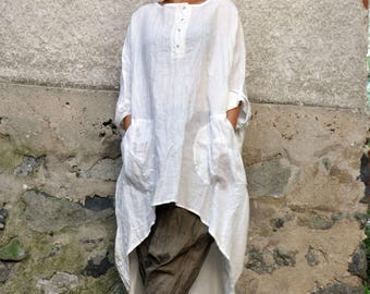 Handmade White Linen Tunic, Oversized Shirt Dress, Asymmetric Top, Plus Size Clothing