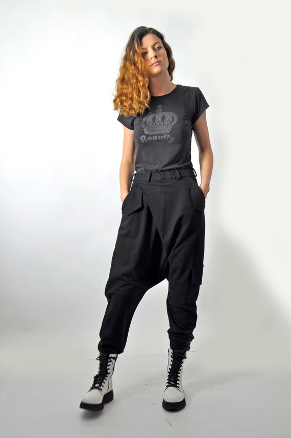 rijstwijn Previs site Slink Drop Crotch broek vrouwen harembroek zwarte broek - Etsy België
