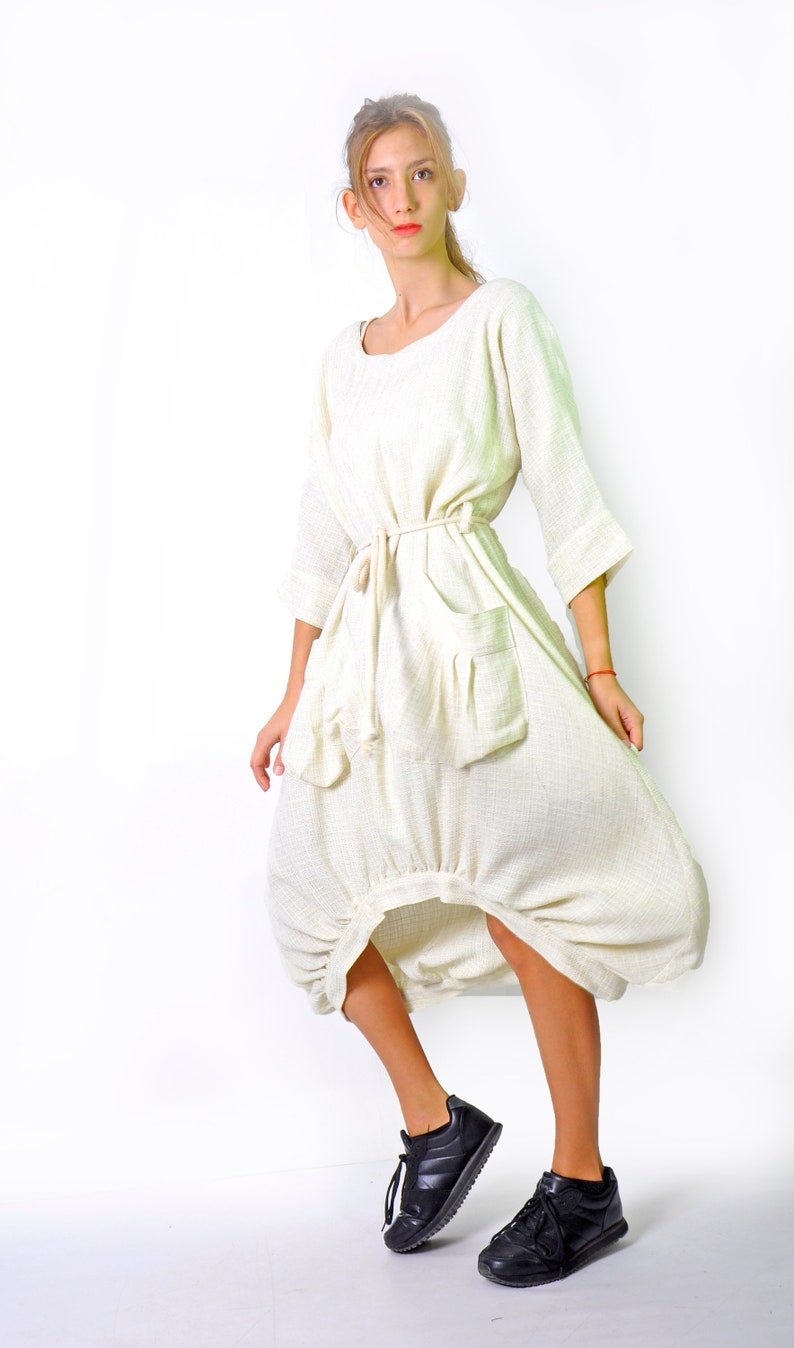 Robe ample en lin ivoire, robe longue avec poches, robe douce de style minimaliste pour femme, robe de soirée en lin, robe grande taille, vêtements en lin image 8