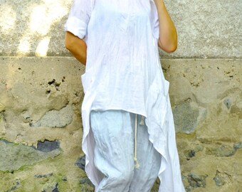 Wide Leg Linen Set, White Tunic With Pockets, Elastic Waistband
