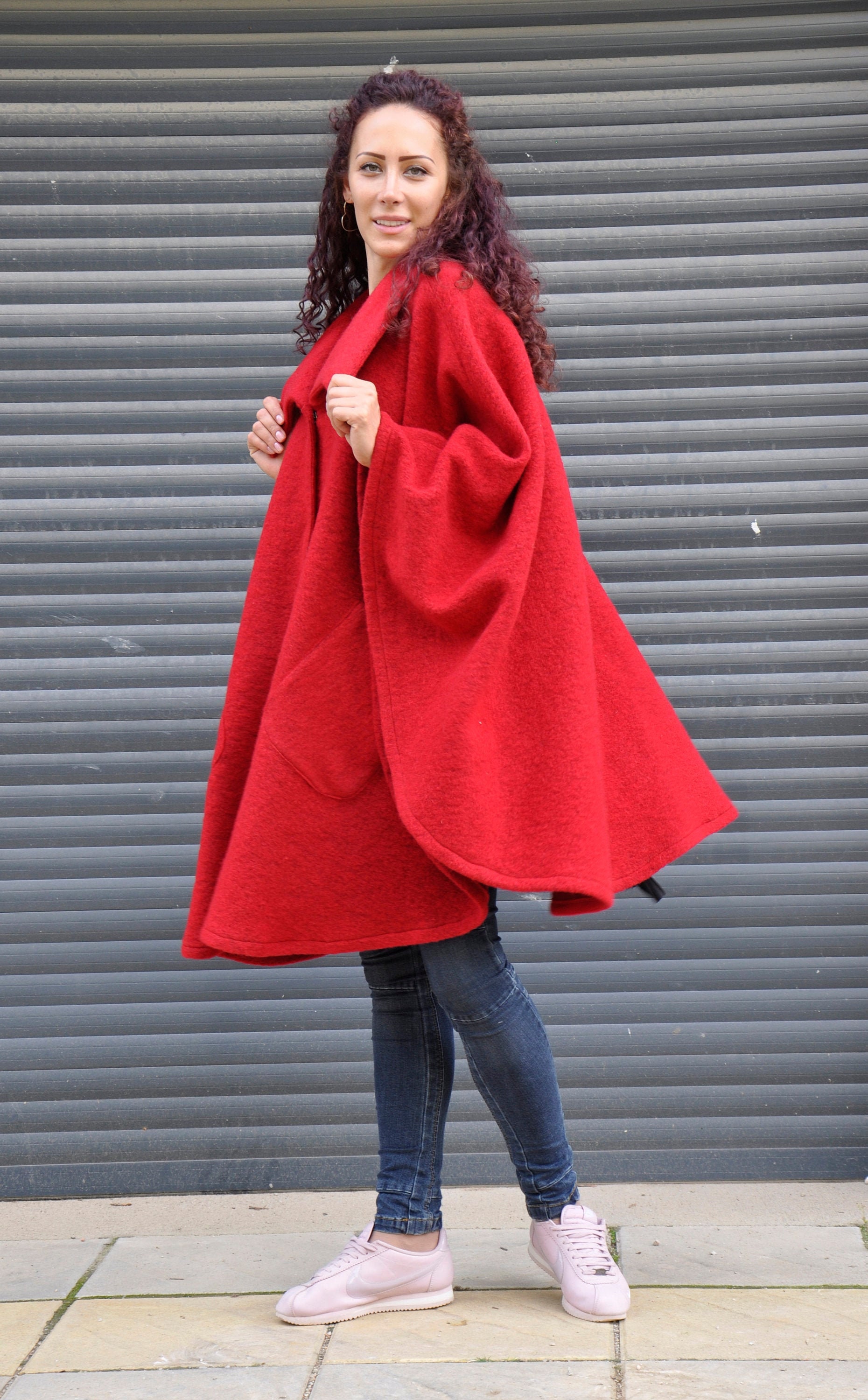 Womens Red Cape Coat, Winter Poncho, Cottage Core Coat, Swing