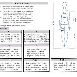 A white diagram titled "How to Measure" shows a stylized human figure with measurement points and a size chart with bust, waist, hips, and height measurements for sizes S to XXXL.