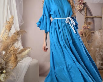Vestido de lino turquesa, 200 g, peso medio, tallas grandes, estilo bohemio.