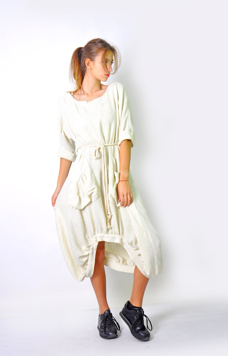 Ivory Loose Linen Dress, Maxi Dress with Pockets, Minimalist Style Soft Women Dress, Party Linen Dress, Plus size Dress, Linen Clothing image 2