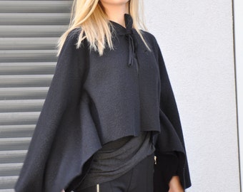 Black Wool Cape Coat for Women, Plus Size Outerwear for  Spring