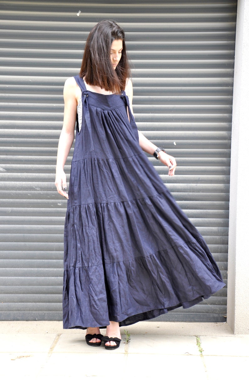 Linen Maxi Dress, Long Pinafore Dress, Plus Size Linen Dress, Linen Wedding Dress, Navy Blue Dress, Linen Kaftan Dress, Linen Clothing image 5