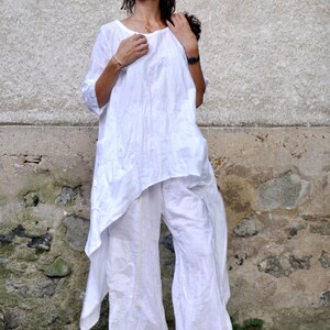 Boho Linen Set, White Asymmetrical Tunic and Relaxed Pants for Summer image 3