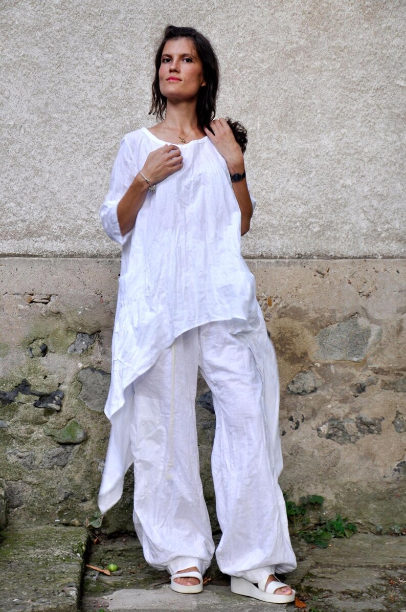 Boho Linen Set, White Asymmetrical Tunic and Relaxed Pants for Summer image 3