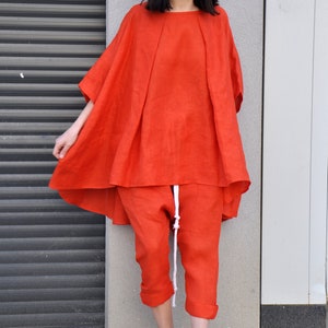 Batwing Sleeves Linen Tunic, Plus Size Linen Clothing, Kaftan Blouse Top, Oversize Linen Tunic, Summer Tunic Top Women, Orange Tunic image 3