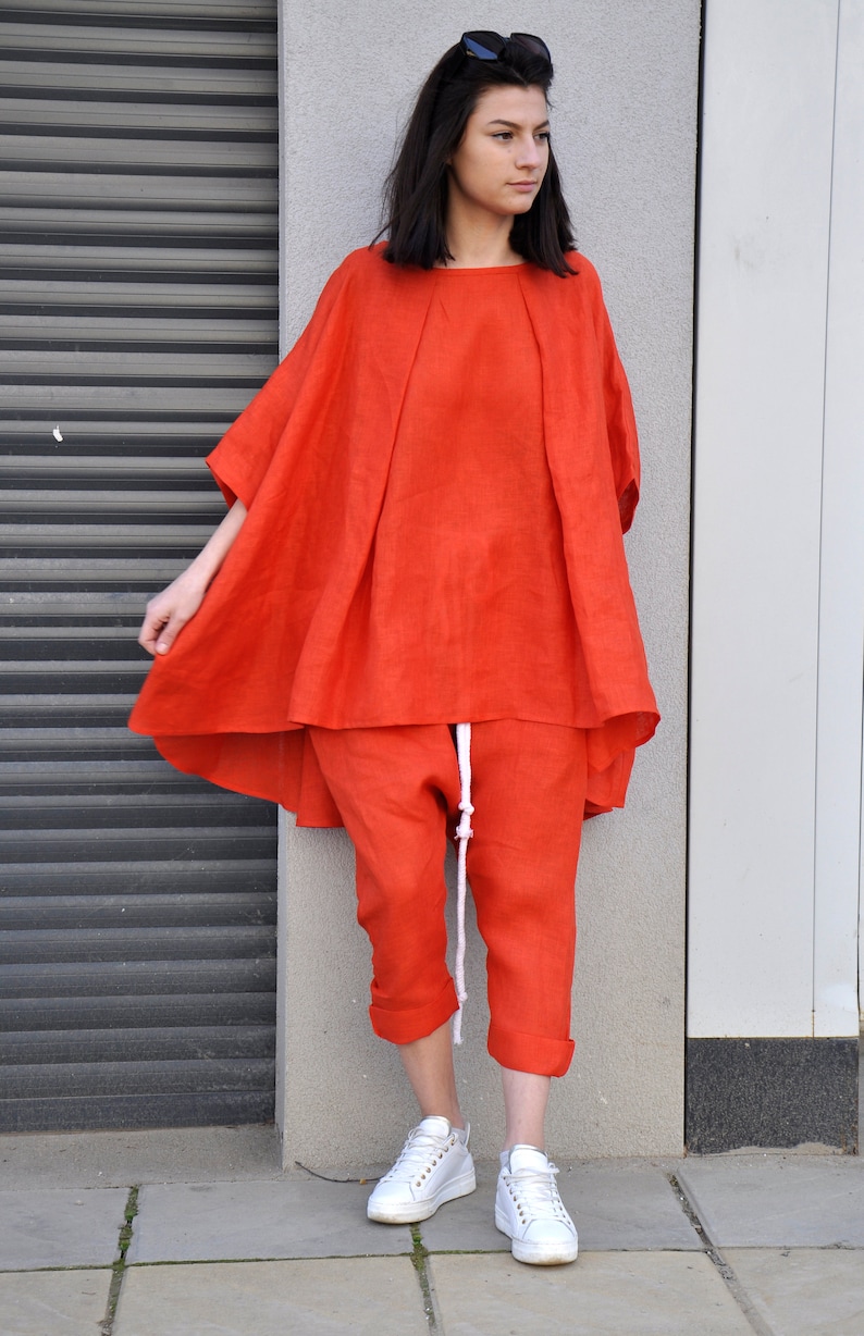 Batwing Sleeves Linen Tunic, Plus Size Linen Clothing, Kaftan Blouse Top, Oversize Linen Tunic, Summer Tunic Top Women, Orange Tunic image 3