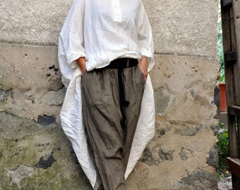 Boho Linen Trousers, Dark Green Drop Crotch Pants with Elastic Waist