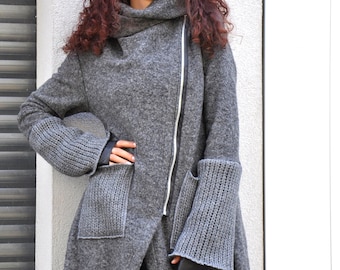 Gray Asymmetric Wool Hooded Cardigan, Long Natural Wool Coat, Warm Boho Fall Winter Jacket, Plus Size Clothing