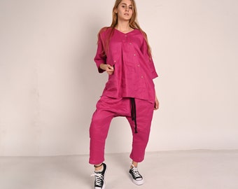 Fuchsia Linen Pants Outfit - Wide Pants & Shirt Tunic Top - 2 Piece Set for Women, Pink Linen Suit - Linen Pants Set - Wedding Outfit