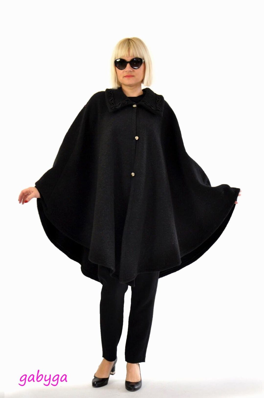 Black Wool Cape Coat, Handmade Cloak With Collar, Mid-length Wrap