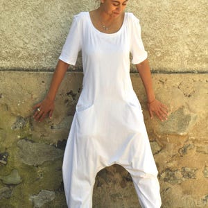 White Cotton Jumpsuit, Loose Fit, Harem Style, 3/4 Sleeves, Deep Round Neck, Handmade Minimalist Clothing, Overall Women, Plus Size Jumpsuit