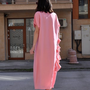 Pink Linen Dress, Loose Extravagant Dress, Asymmetric Dress, Linen Maxi Kaftan, Plus Size Dress, Ruffle Dress, Maxi Dress Woman, Shift Dress image 5