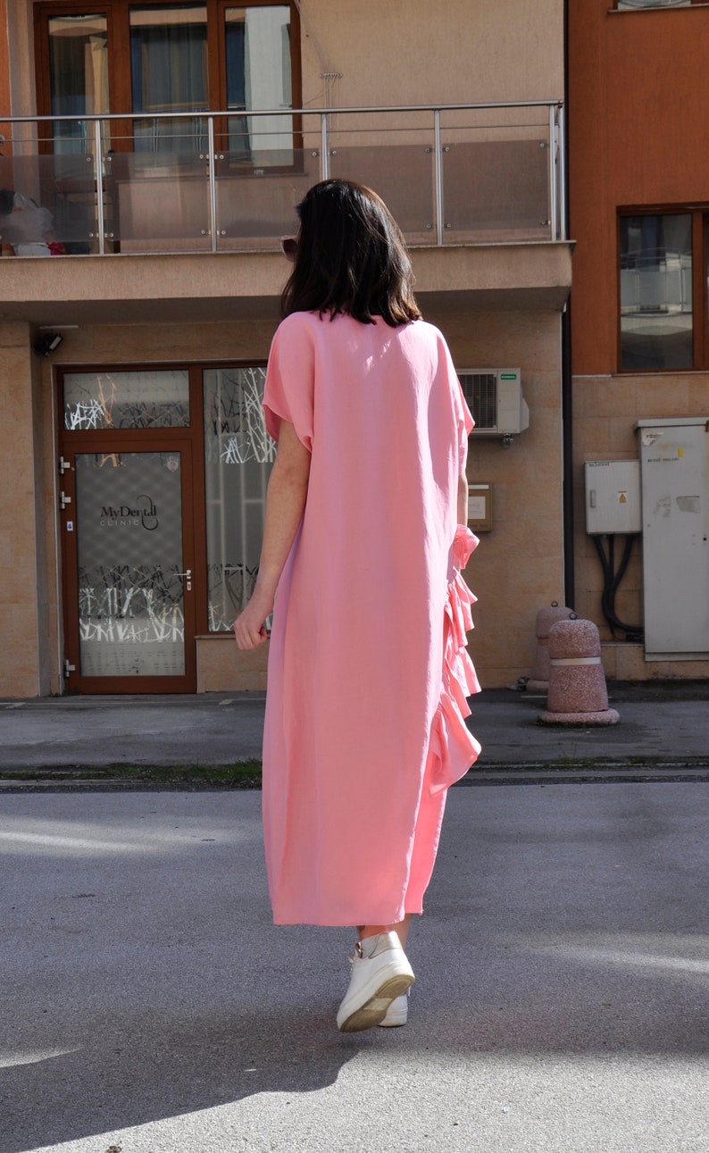 Pink Linen Dress, Loose Extravagant Dress, Asymmetric Dress, Linen Maxi Kaftan, Plus Size Dress, Ruffle Dress, Maxi Dress Woman, Shift Dress image 5