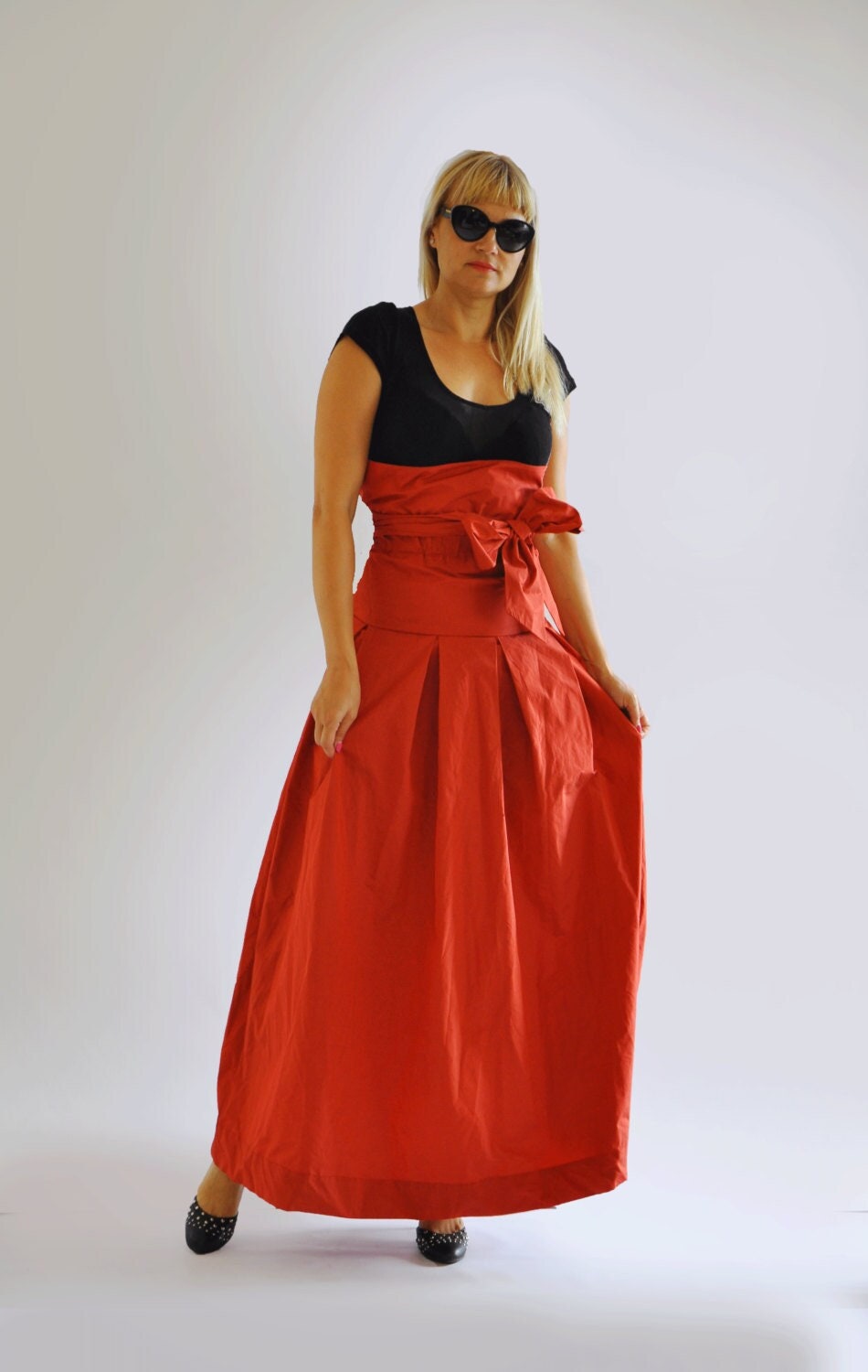 Red Skirt, Extravagant Long Casual Women Taffeta Unique Handmade Plus Size Maxi Skirt