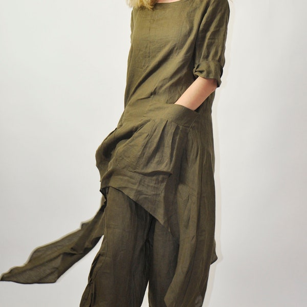 Linen Clothing Outfit, Linen Tunic Top & Loose Comfy Pants, Women Clothing Set, Linen Costume, Summer Pants Suit, Army Green Clothes Set