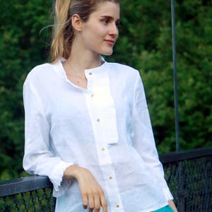 White Linen Shirt Women, Front Button Down Linen Blouse with Stand Collar & Pleated Trim, Elegant Minimalist Linen Top, Handmade Linen Shirt