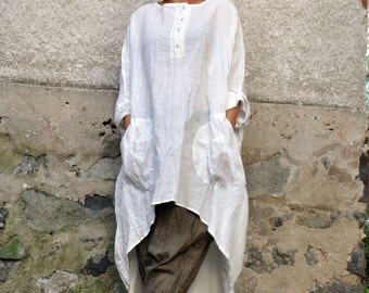 Linnen tuniek, plus size kleding, linnen kleding, tuniek vrouwen, shirt tuniek, oversized tuniek, witte tuniek, wit linnen shirt, asymmetrische tuniek